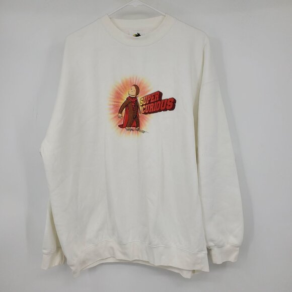 Vintage Curious George Super Curious White Long Sleeved Crewneck Sweatshirt XL - Picture 1 of 10